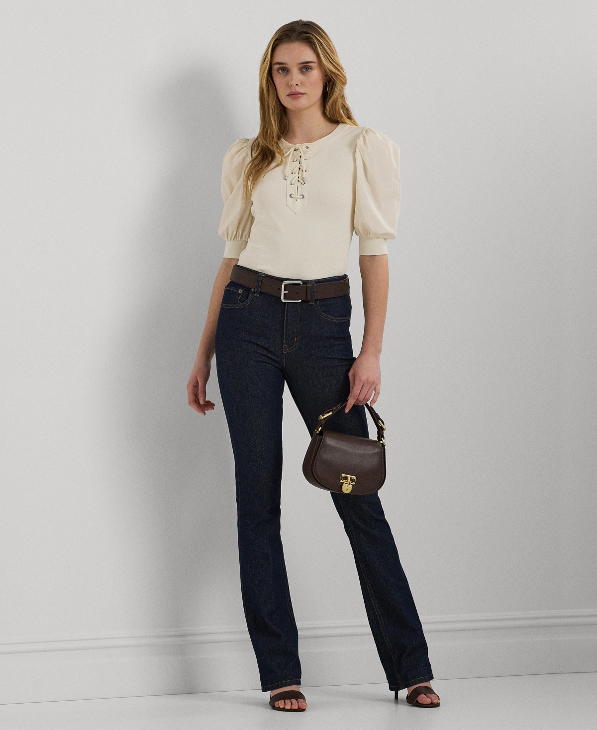 Lauren Ralph Lauren Petite Lace-Up Stretch Cotton Puff-Sleeve Top
