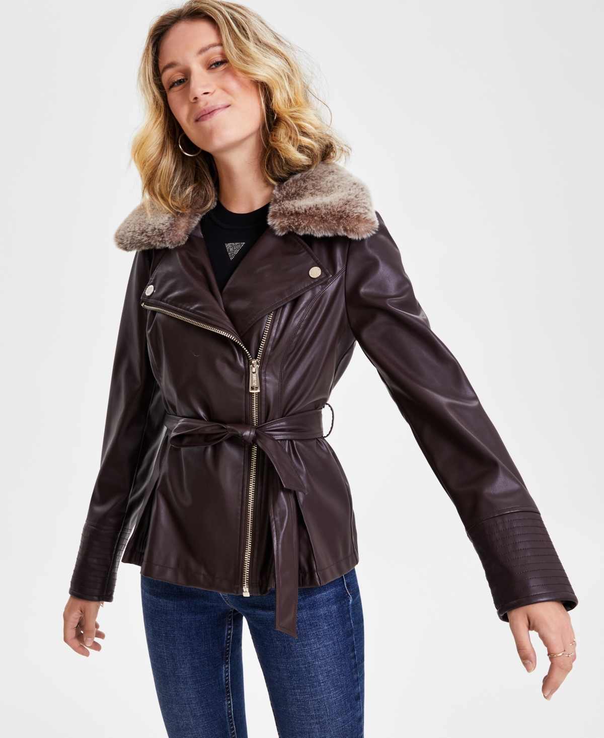 Guess Women's Faux-Fur-Trim Faux-Leather Asymmetric Belted Moto Jacket