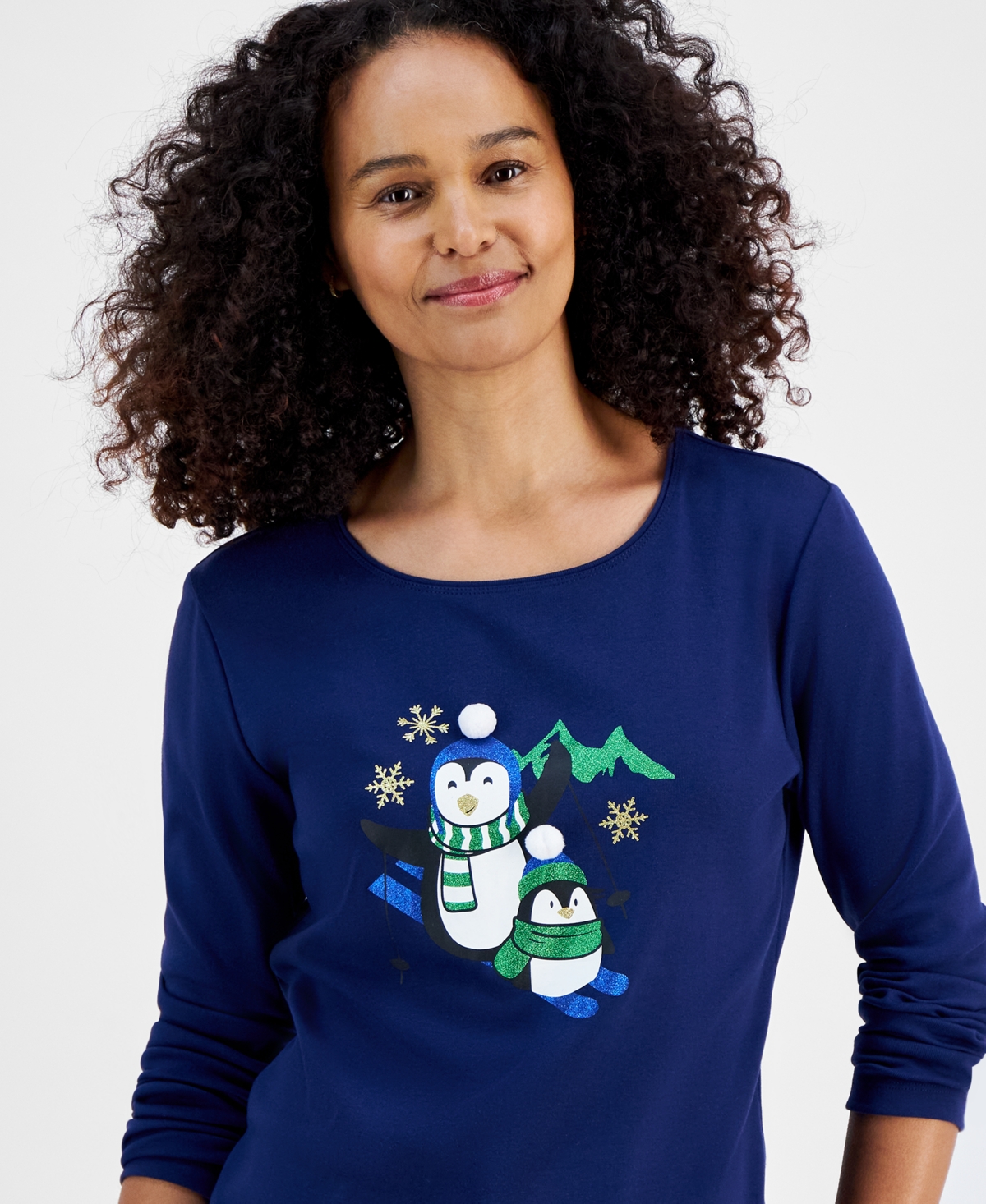 Holiday Lane Petite Penguin Play Long-Sleeve Tee, Created for Macy's