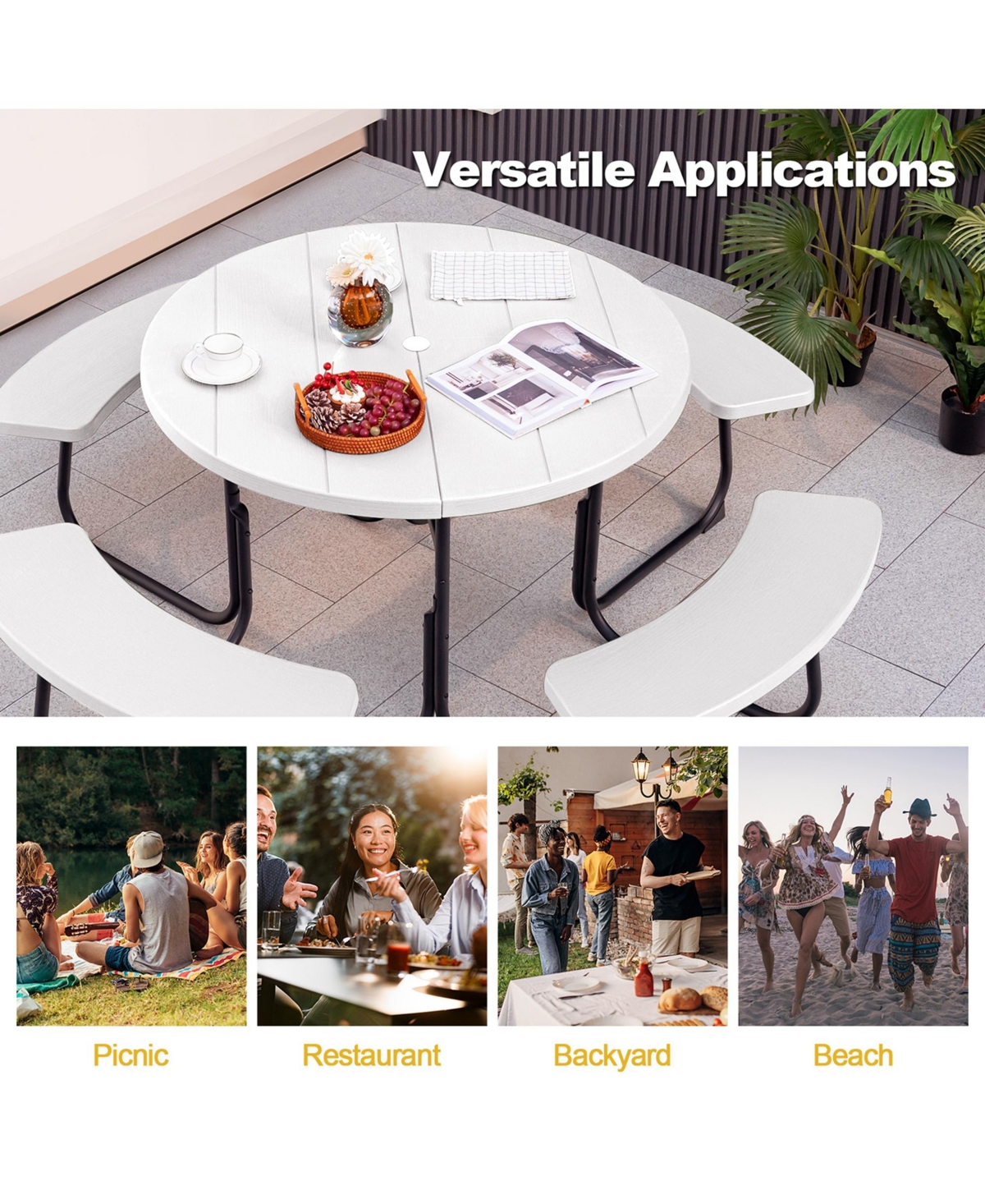 Outdoor 8-person Round Picnic Table Bench Set with 4 Benches & Umbrella Hole