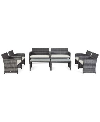 8PCS Patio Rattan Furniture Set Conversation Glass Table Top Cushioned Sofa