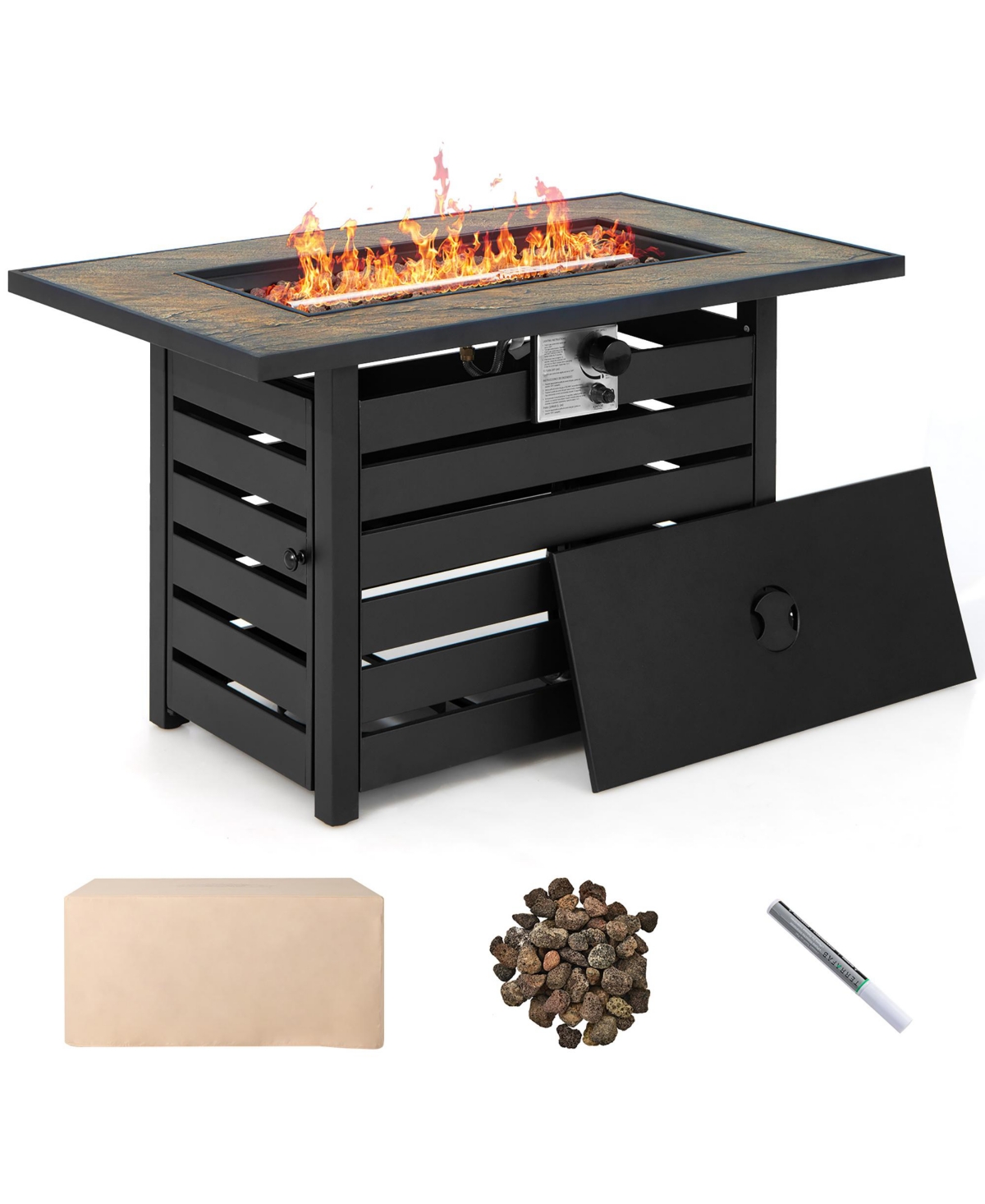 Costway 6PCS Patio Rattan Furniture Set 42'' Fire Pit Table Cover Sofa Cushion