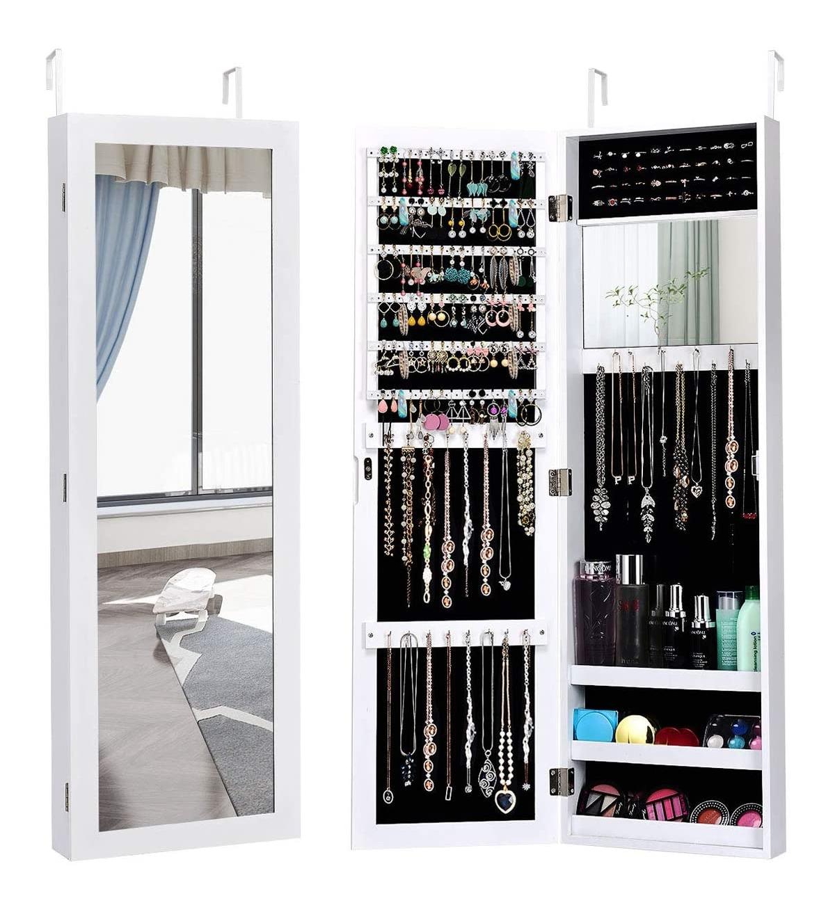 Full Length Mirror Jewelry Cabinet with Ring Slots and Necklace Hooks-White - White