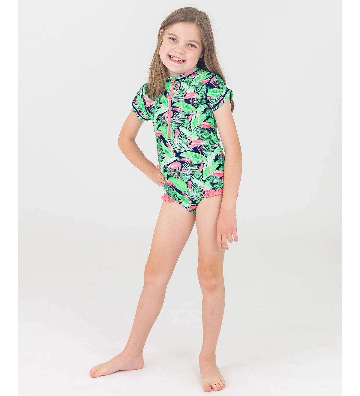RuffleButts Toddler Girls Short Sleeve One Piece Rash Guard