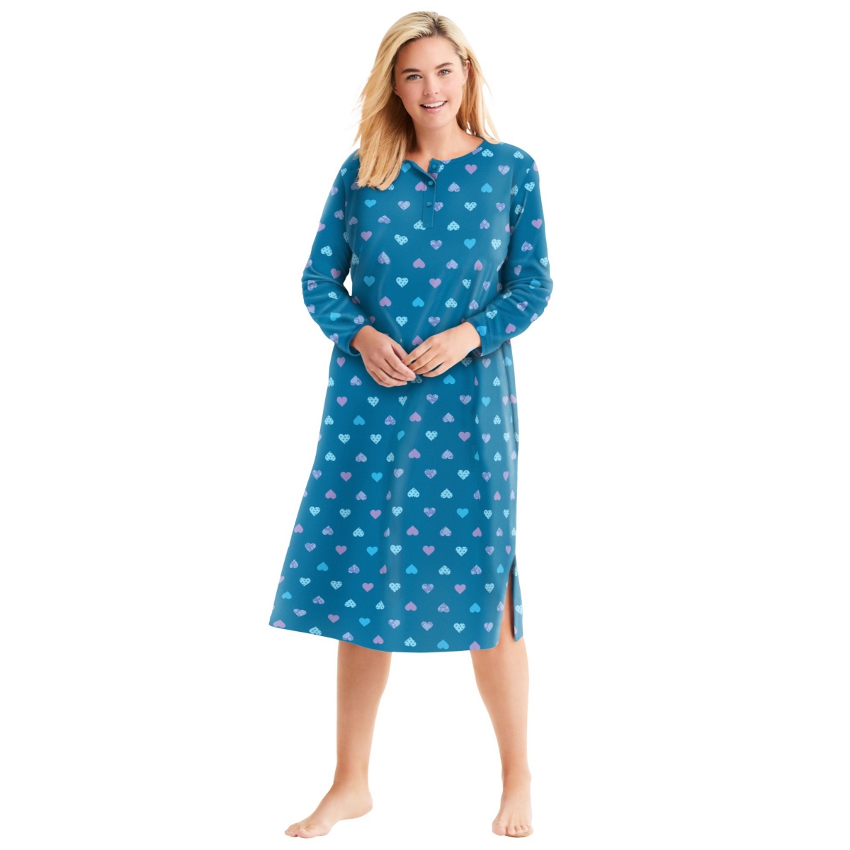 Women's Plus Size Long-Sleeve Henley Print Sleepshirt - Plum burst dot