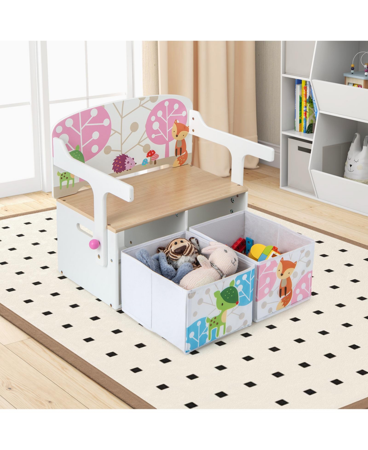 Slickblue 3 in 1 Kids Convertible Activity Bench with 2 Removable Fabric Bins