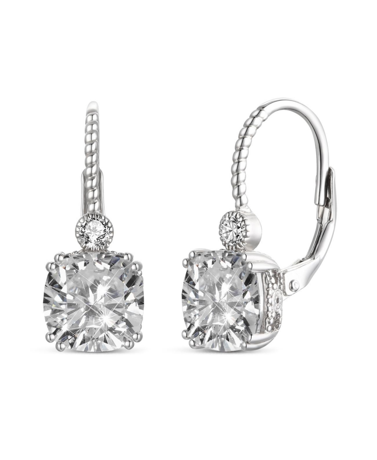 Sterling Silver White Gold Plating Cubic Zirconia Leverback Drop Earrings - Silver