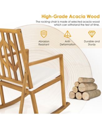 Set of 2 Outdoor Acacia Wood Rocking Chair Wooden Patio Rocker w/ Beige Cushion