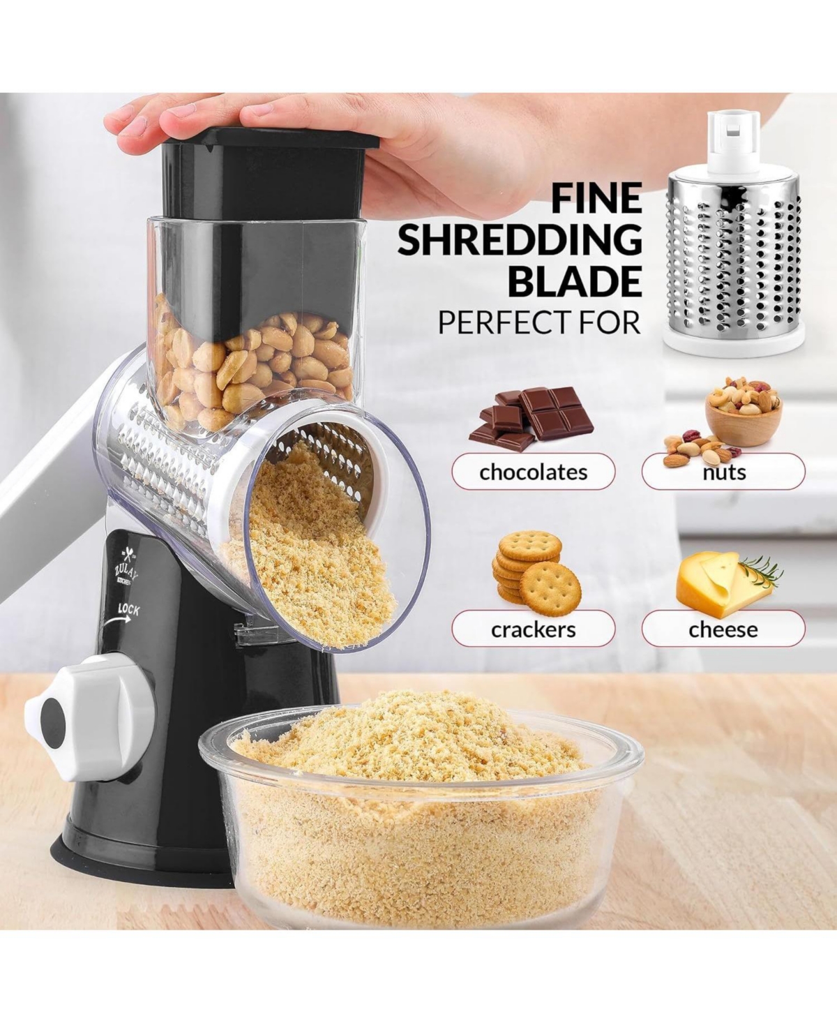 Zulay Kitchen Rotary Cheese Grater with 3 Interchangeable Blade Drums - Hand Crank Cheese Shredder and Slicer with Reinforced Suction