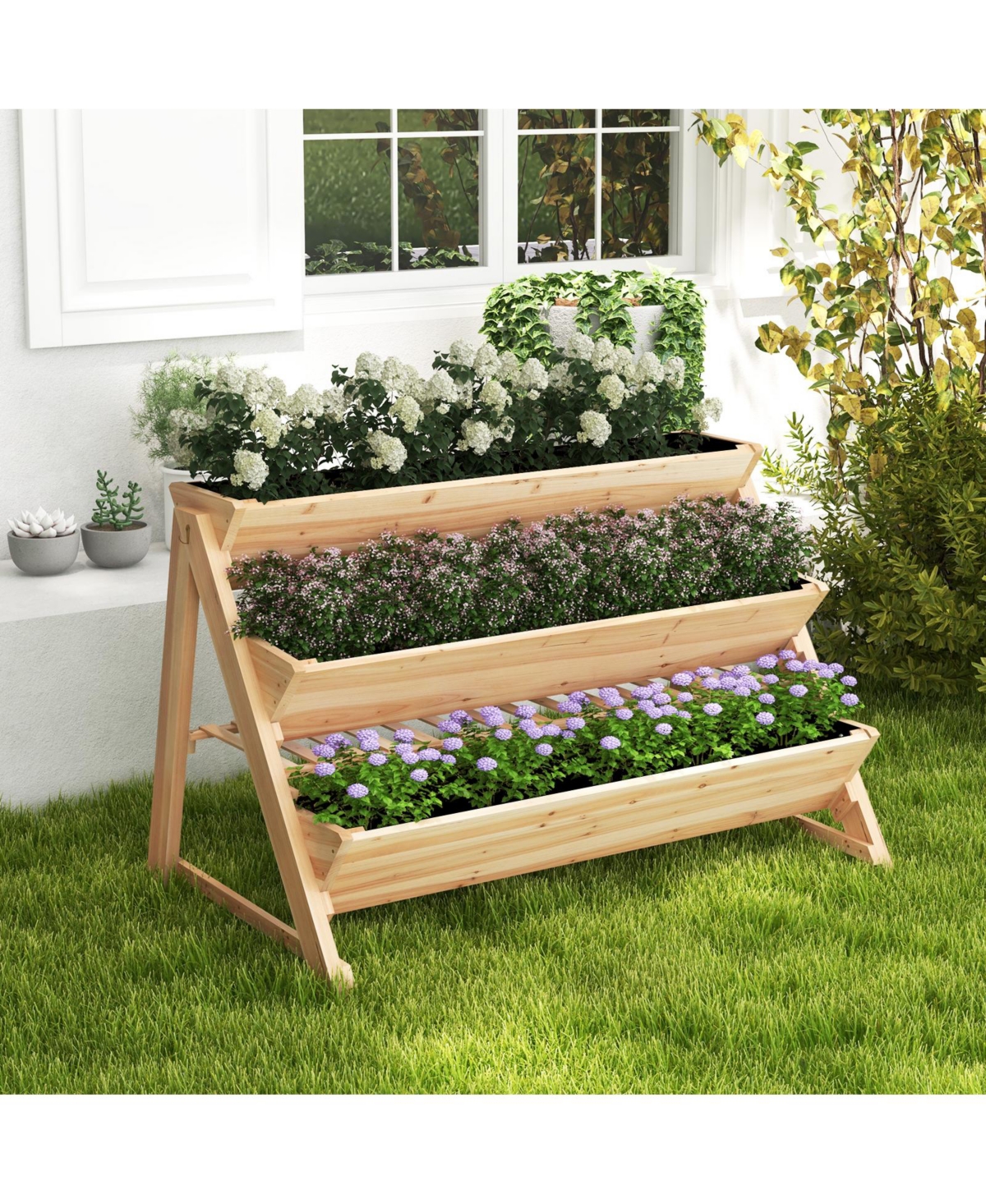Slickblue 3-Tier Garden Bed with Storage Shelf 2 Hanging Hooks and 3 Bed Liners