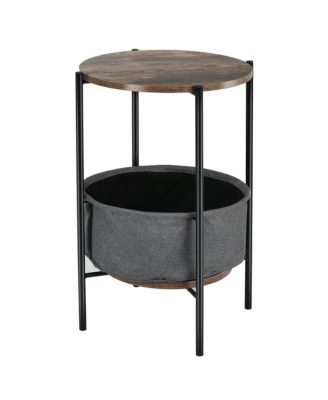 Industrial Round End Side Table Sofa Coffee Table w/ Storage Basket&Metal Frame