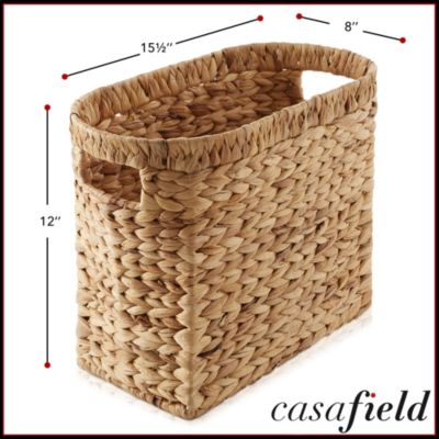 Magazine Holder Basket with Handles, Whitewash - Oval Water Hyacinth Storage Bin for Bathroom, Home Office