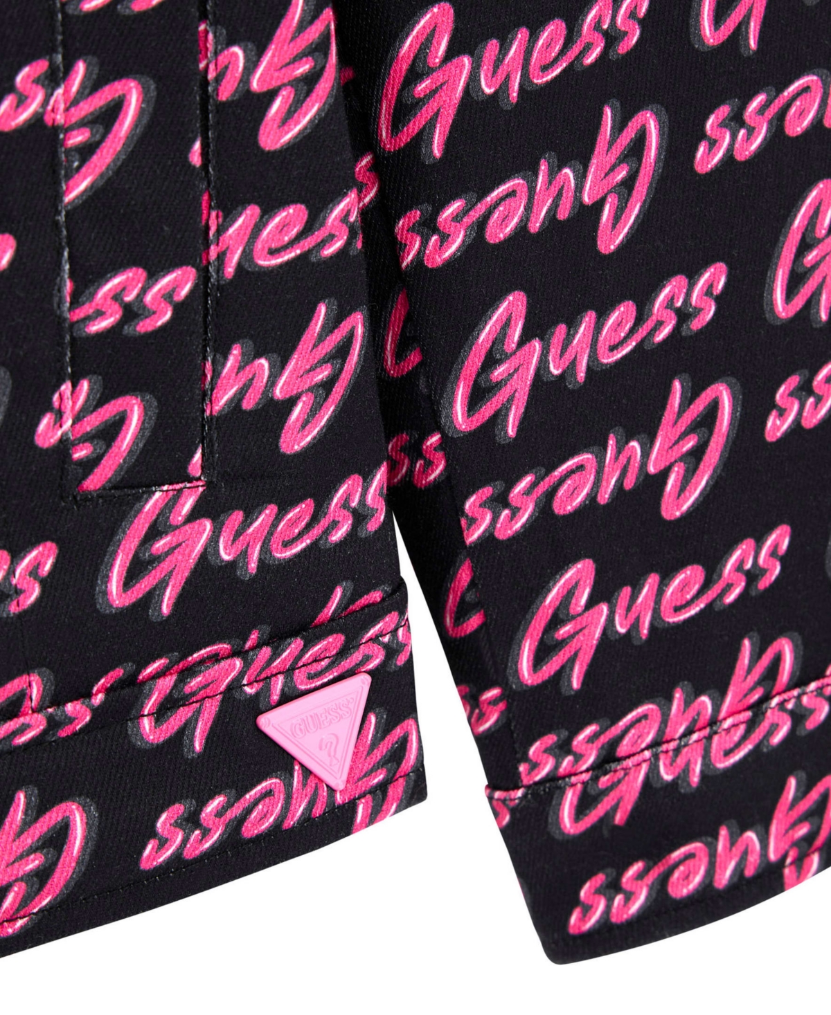 Guess Big Girls Denim Jacket with Faux Fur Collar and Lining - Black And Pink Multi
