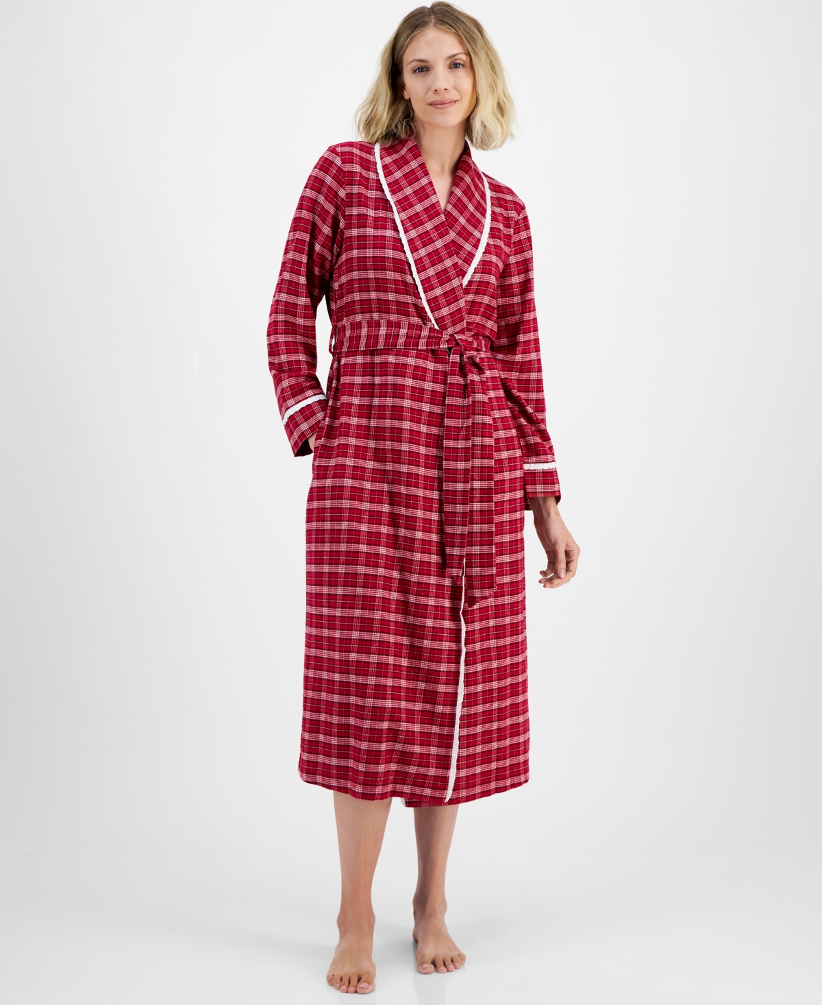 Charter Club Women's Long Plaid Flannel Robe, Created For Macy's In Holiday Plaid Red