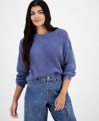 Ultra Flirt - Juniors' Cotton Waffle-Knit Crewneck Sweater
