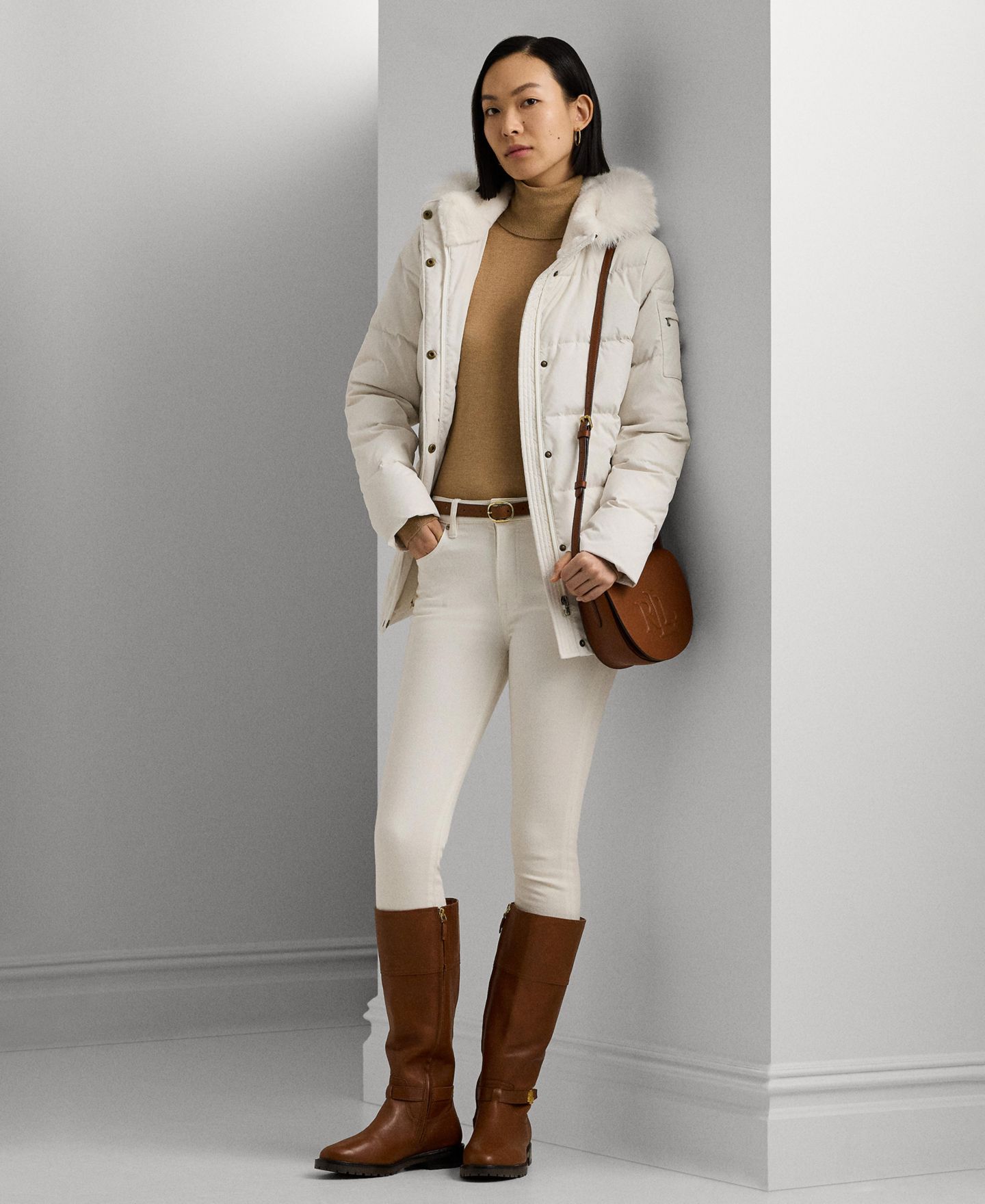 Женская куртка Lauren Ralph Lauren Petite Faux-Fur Hooded Puffer, цвет: Кремовый — фото 3