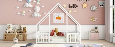 Full Wood House-Shaped Floor Bed with Fence, Guardrails, White