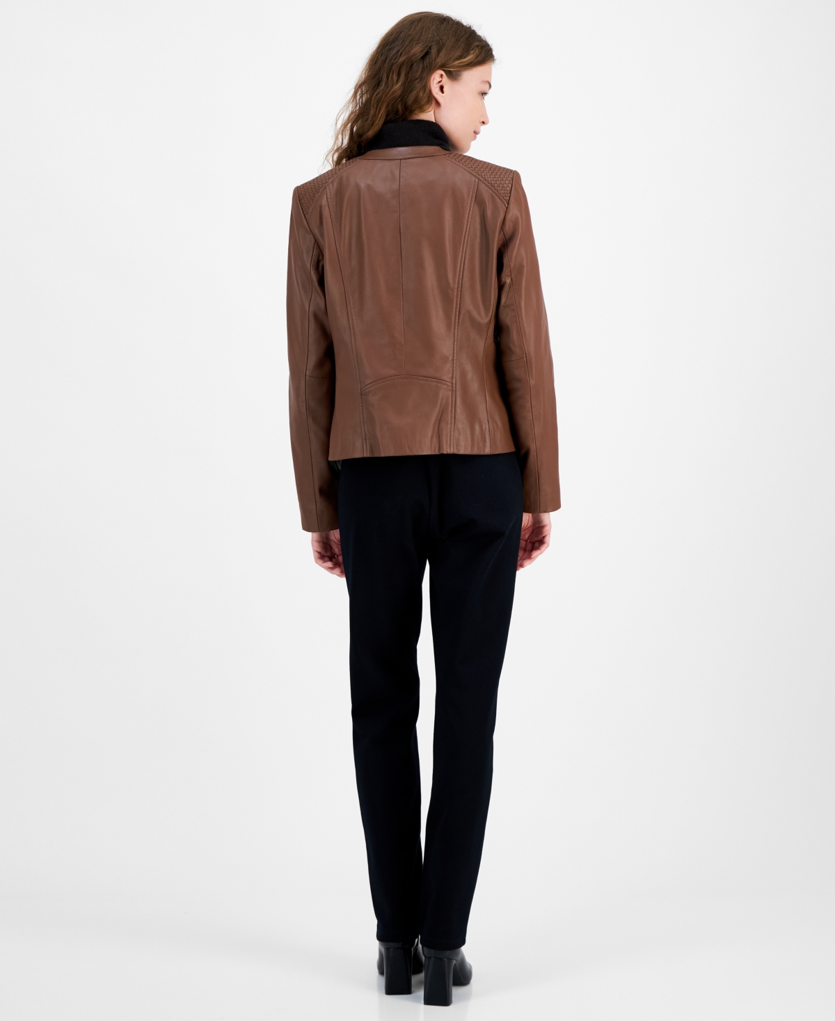 Cole Haan Women's Woven-Shoulder Zip-Front Leather Coat