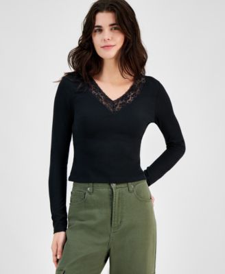 Just Polly - Juniors' V-Neck Lace-Trim Long-Sleeve Top