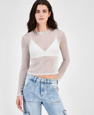 Just Polly - Juniors' Glitter-Mesh Long-Sleeve Top