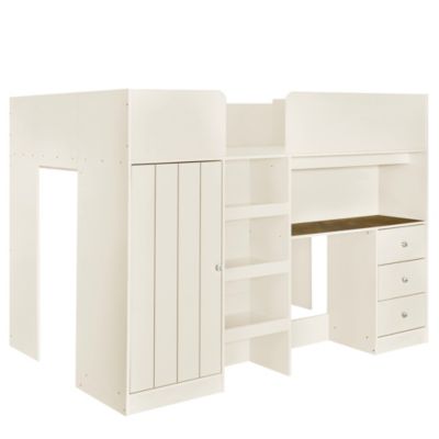  Full-Size Loft Bed with Wardrobe, Desk, Shelves, Drawers