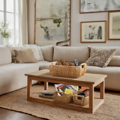 (Set of 2) Seagrass Oval Storage Baskets with Wooden Handles - Large Woven Bin Organizers