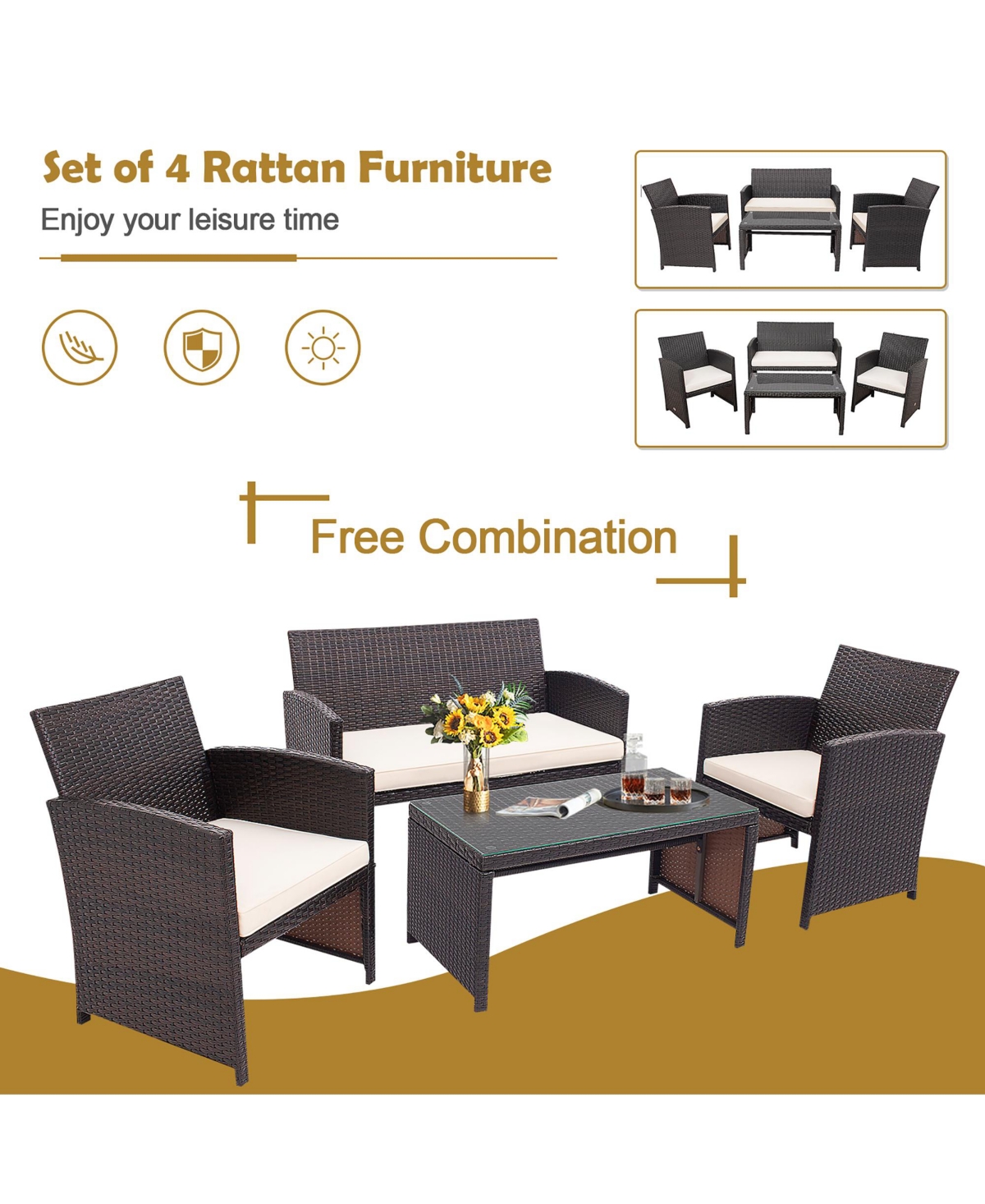 Costway 8PCS Patio Rattan Furniture Set Cushioned Chair Sofa Table Turquoise