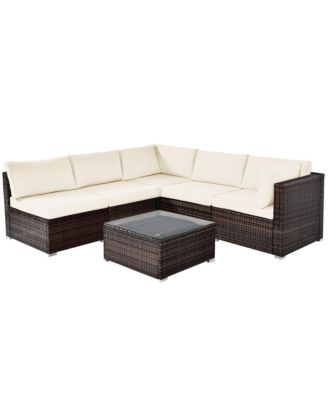 6PCS Patio Rattan Furniture Set Cushioned Sofa Coffee Table Garden