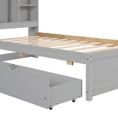 Modern Twin Bed Frame with USB, Headboard Bookcase & Drawers