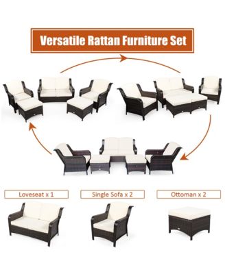 5PCS Patio Rattan Furniture Set Loveseat Sofa Ottoman