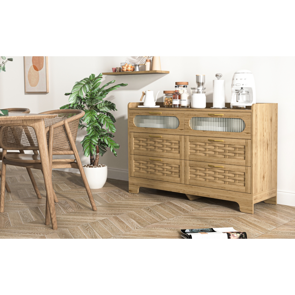 Simplie Fun Elegant 6-Drawer Dresser with Woven Wood Cabinet Top and Gold Handles