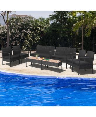 8PCS Patio Rattan Furniture Set Cushioned Chair Wooden Tabletop Black