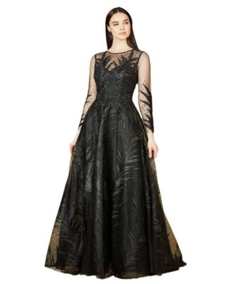 Women's High Neck Sheer Long Sleeve Embellished Gown