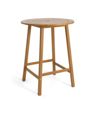 Bar Height Table with Umbrella Hole and Slatted Tabletop for Outdoors