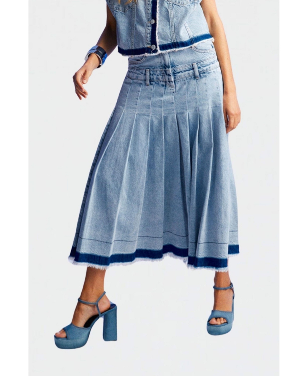 Women's Pleated Long Denim Skirt - Blue