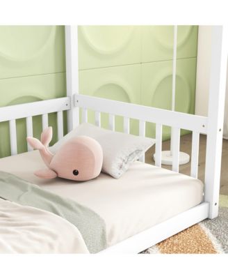 Twin Size Canopy Frame Floor Bed with Fence, Guardrails