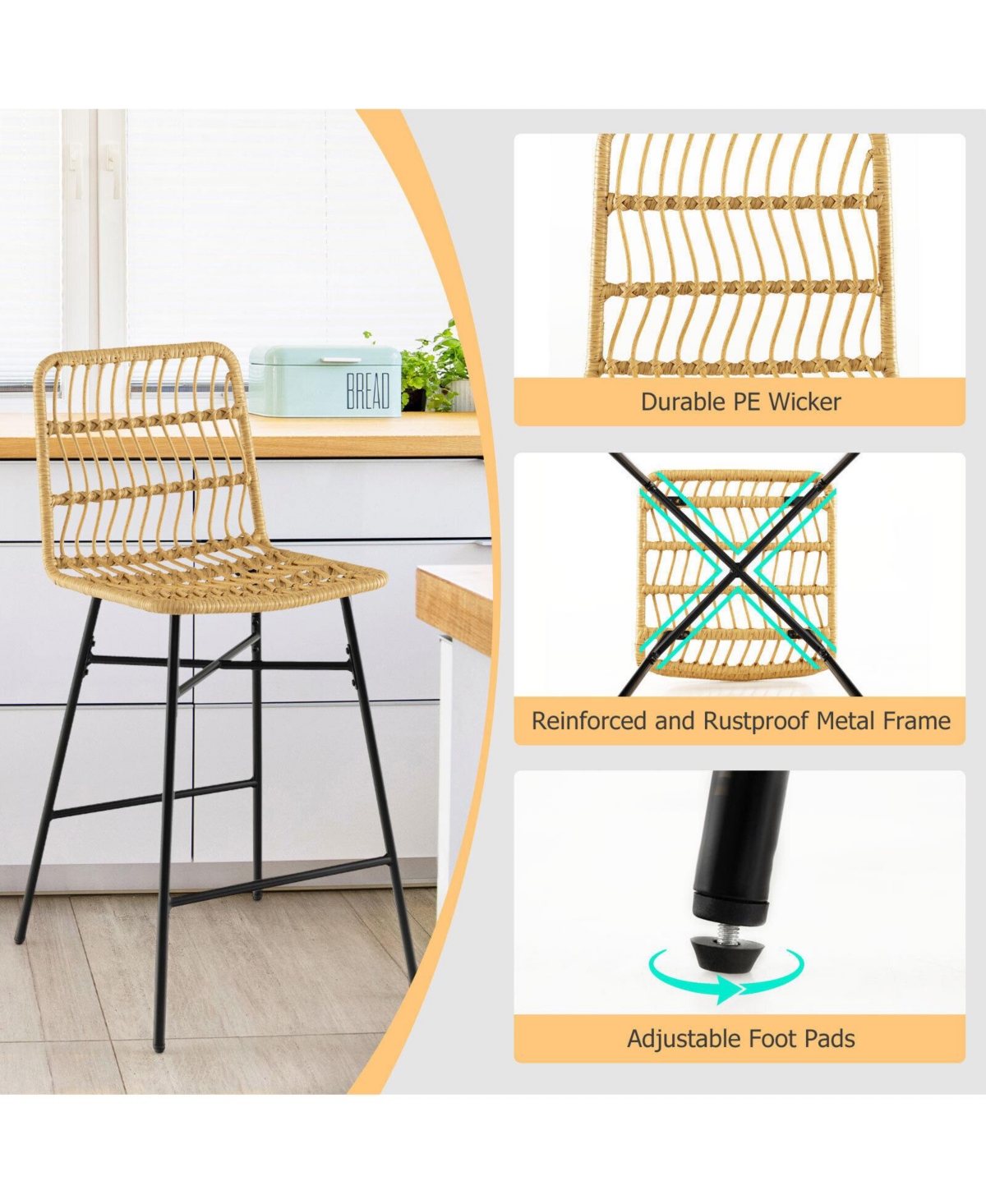 Slickblue Set of 2 Rattan Bar Stools with Sturdy Metal Frame-Natural - Natural and Black