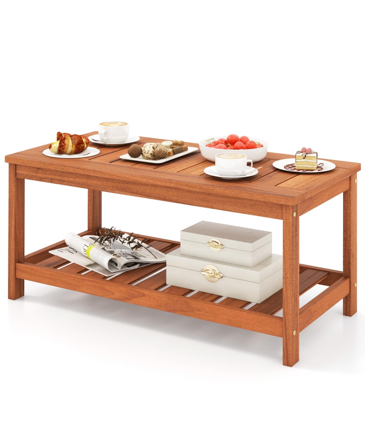 Slickblue 2-Tier Patio Coffee Table with Slatted Tabletop and Shelf