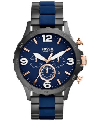 Fossil - Men's Chronograph Nate Blue Silicone and Black Ion-Plated Stainless Steel Bracelet Watch 50mm JR1494
