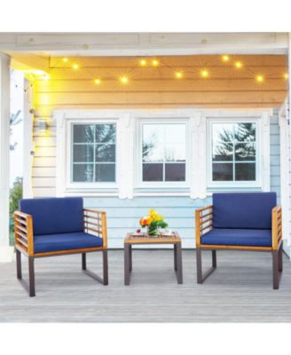 3 Pieces Patio Acacia Wood Conversation Set with Cushioned Armchairs-Navy