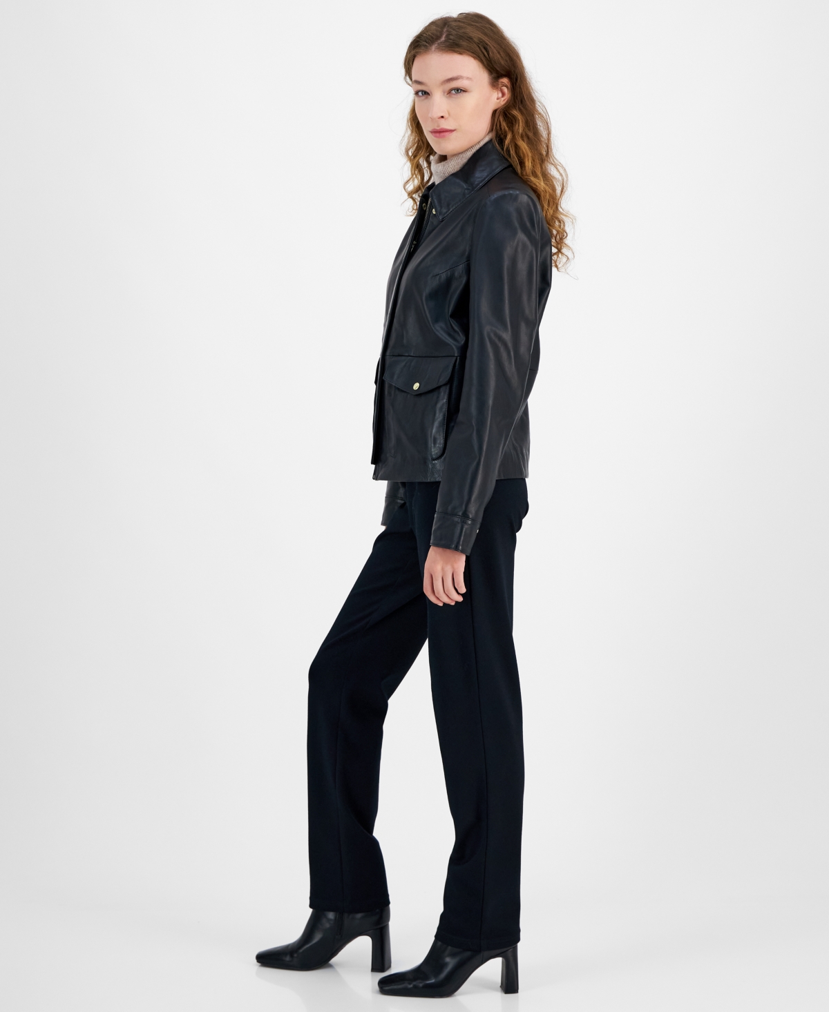 Cole Haan Women's Leather Zip-Front Collared Coat