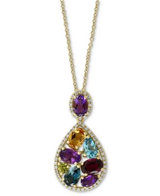 EFFY&reg; Multi-Gemstone (3-3/4 ct. t.w.) & Diamond (1/4 ct. t.w.) Pear Halo 18" Pendant Necklace in 14k Gold