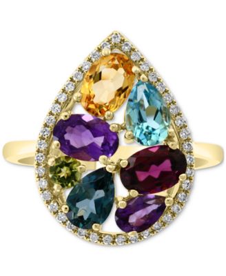 EFFY&reg; Multi-Gemstone (3-1/4 ct. t.w.) & Diamond (1/6 ct. t.w.) Pear Halo Statement Ring in 14k Gold
