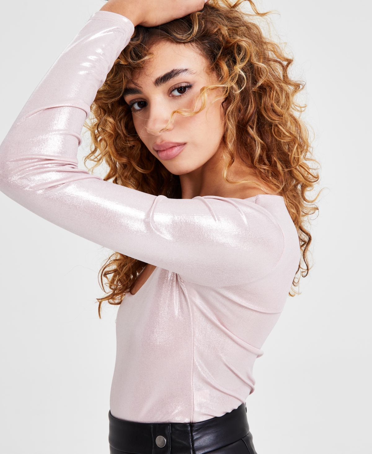 Bar Iii Women's Scoop-Neck Long-Sleeve Shine Bodysuit, Created for Macy's
