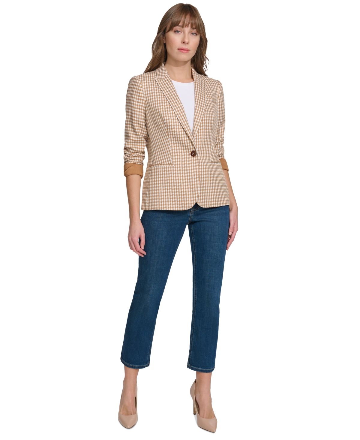 Tommy Hilfiger Women's Check-print Long-sleeve Blazer In Tobacco,iv