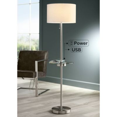 Caper Modern Floor Lamp with Tray Table 60 1/2" Tall Brushed Nickel USB and AC Power Outlet Off White Fabric Drum Shade for Living Room