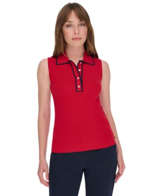 売れ筋商品|||トミー ヒルフィガー カットソー トップス レディース Women's Contrast-Tipped Sleeveless Polo Top Evening Sand/ Ivory Tommy Jeans Women's Sleeveless Cotton Johnny Collar Polo