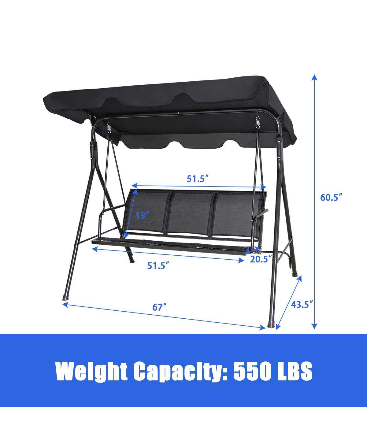 Costway Outdoor Patio Swing Canopy 3 Person Canopy Swing Chair Patio Hammock Black