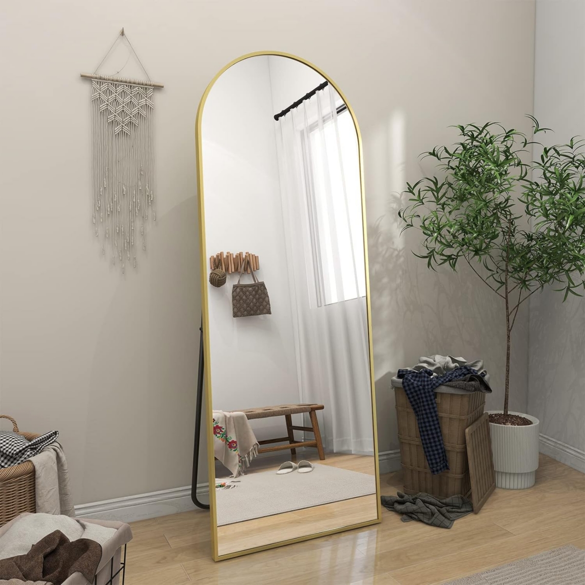 64"x21" Arched Full-Length Mirror with Gold Aluminum Alloy Frame, Rounded Corners, Standing, Hanging, Leaning - Gold