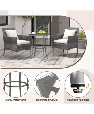3-Piece Patio Furniture Set PE Wicker Conversation Bistro Set w/ A Tempered Glass Table